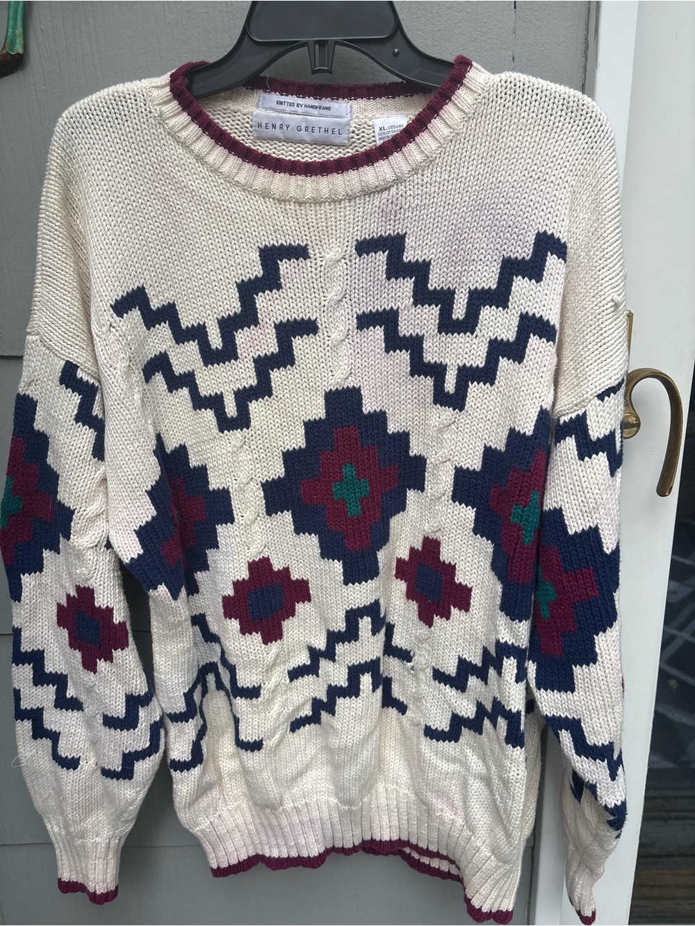 Henry Grethel Cream Geometric Crewneck Sweater with Burgundy and Navy Accents